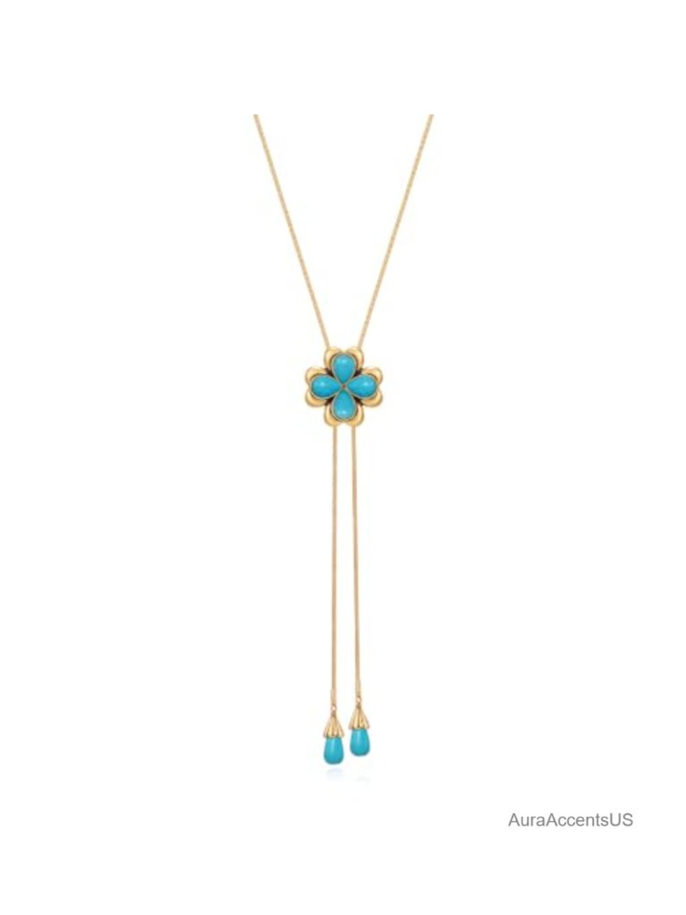 Gold Plated Lariat Necklace Long Snake Chain Turquoise Flower Drop
